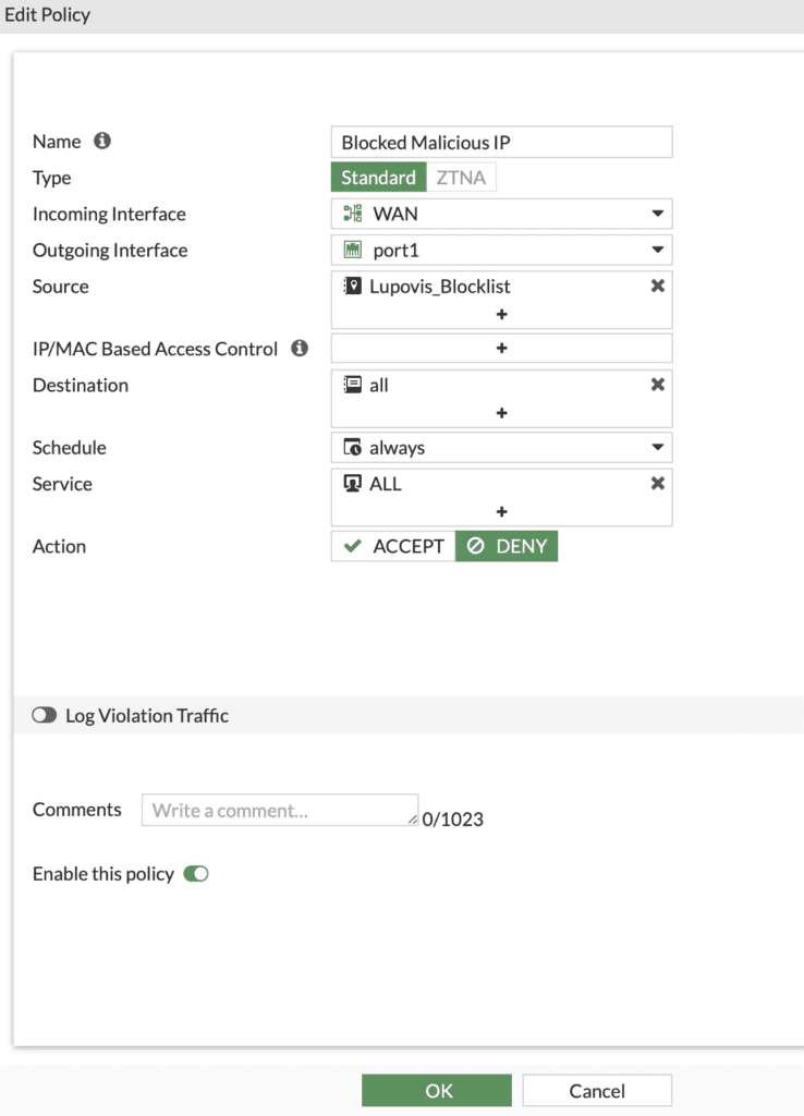 Dynamic IP Blocklists in FortiGate Edit Policy